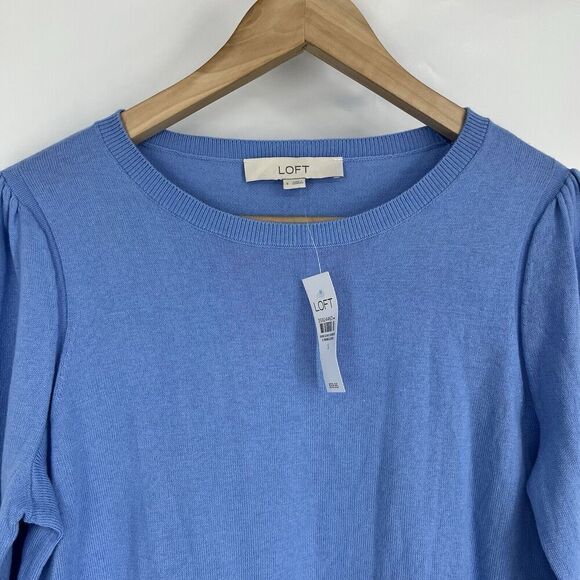 LOFT Sweater Size Small Sky Blue Long Sleeve Pullover Puff Sleeve Knit Crew Neck - Picture 3 of 10